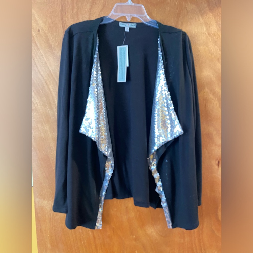 Womens Black with Silver Sequin Lapels Open Cardigan - Size L